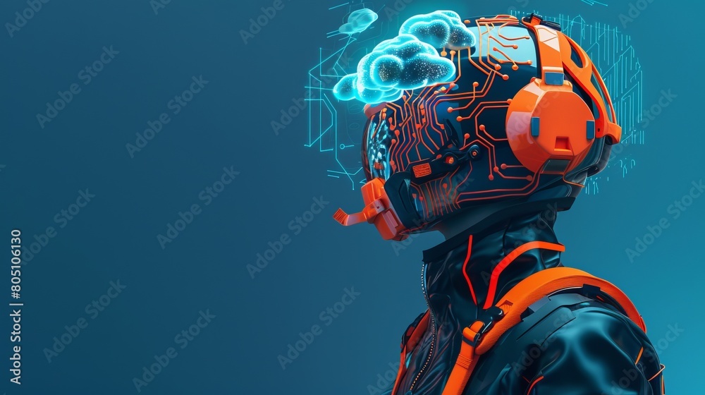 Poster advanced cybernetic interface on humanoid profile. view of a humanoid with an advanced cybernetic in