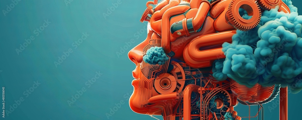 Poster metaphorical image of an engineers brain, structured like a motherboard with clouds and gears as the