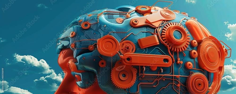 Poster metaphorical image of an engineers brain, structured like a motherboard with clouds and gears as the