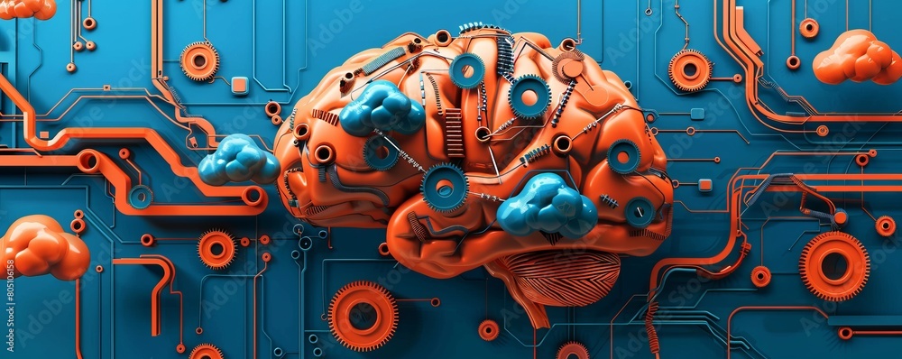 Poster metaphorical image of an engineers brain, structured like a motherboard with clouds and gears as the