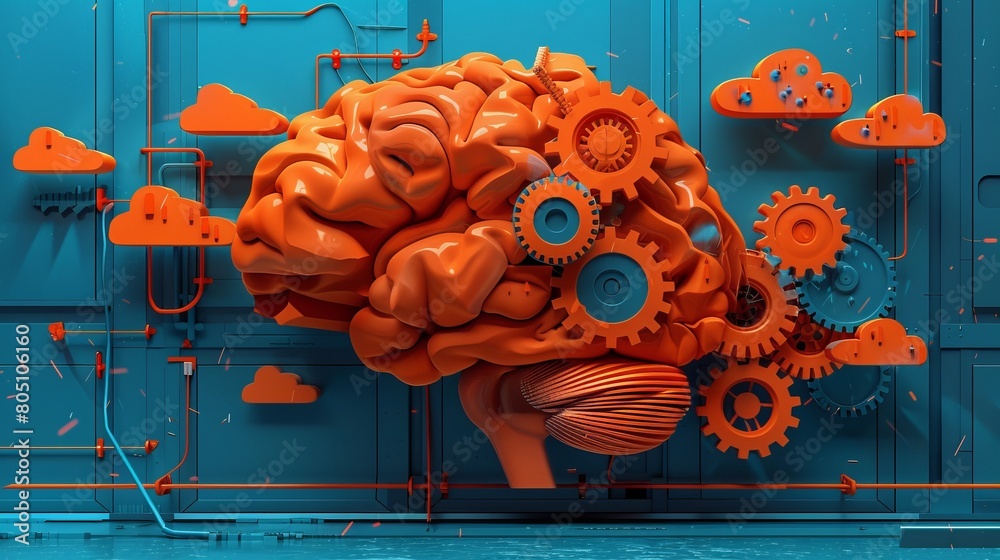 Poster an abstract representation of an engineer's mind, with gears merging into cloud forms and circuit pa