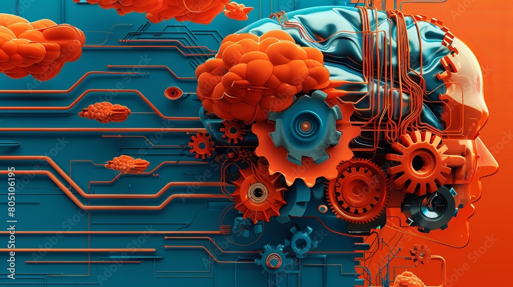 Poster an abstract representation of an engineer's mind, with gears merging into cloud forms and circuit pa