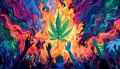 abstract surreal colorful psychedelic trippy background with a marijuana or marihuana leaf and happy consumer, weed, psychoactive drug, wallpaper art or artwork, hashish or hash, thc legalization