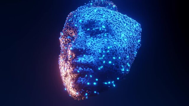 Abstract representation of a digital pixelated face illuminated with blue and orange light, showcasing futuristic technology and virtual reality themes.