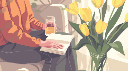 Female hands with vase of yellow tulips glass and boo