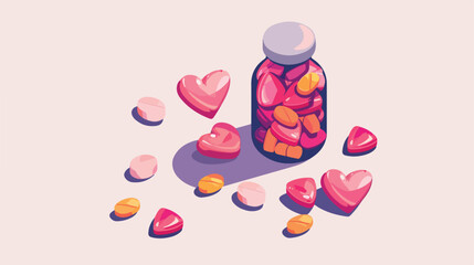 Heart shaped bottle with pills on white background. Vector