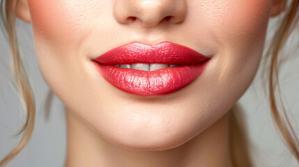Close-up of womans face with red lipstick