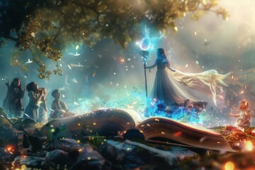 3D render of a manipulation depicting an open book. In the center of the book, a beautiful cosmic sorceress stands, casting magic with her whimsical staff