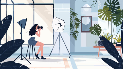 Female photographer with camera working in studio Vector