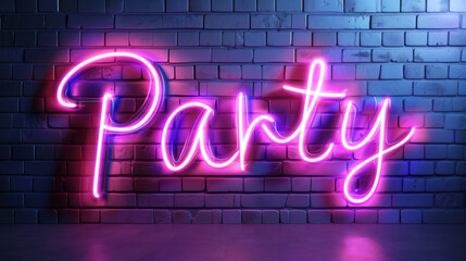 Pink neon sign displaying the word party glows brightly against a textured brick wall