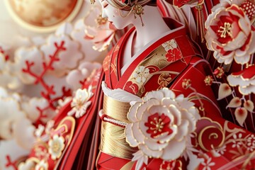 model of a woman adorned in traditional bright red Japanese attire. The model should include a full moon, clouds, and red and gold floral elements, meticulously crafted to highlight
