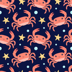 Fototapeta premium Seamless pattern with cute crabs and starfish, vector illustration. Marine summer background. Trendy pattern in flat style, design for wrapping paper, wallpaper, stickers, notebook cover.