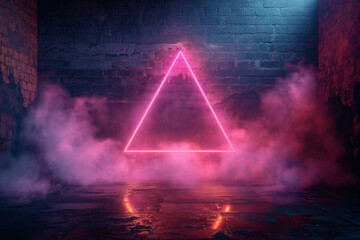 Advertising for club, pub, dance studio. Pink neon triangle glowing brightly in a dark smoke room, creating a vibrant contrast against the surrounding shadows