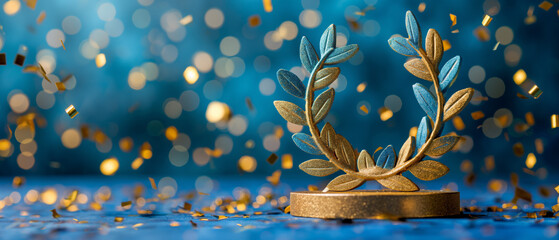 Gold trophy stands on a blue background surrounded by gold confetti. Award, victory, ceremony concept. Shot with copy space
