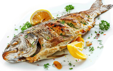 Grilled Fish Enhanced by Lemon Slices, Fish Delight with Lemon Highlights, Solemn White Space, Copy...