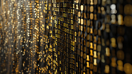 Gold digital abstract background. Coding backdrop of binary system . Detailed view of a textured gold and black wall