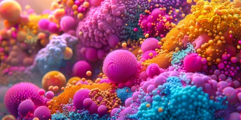 Vibrant microscopic landscape in bright pink, orange, blue, and purple, evoking a sense of wonder and discovery.