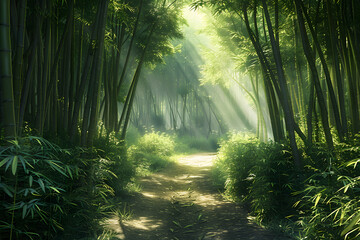 a path within a bamboo forest, include a dirt path and volumetric lighing,