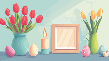 Holder with Easter eggs photo frame vase with tulips