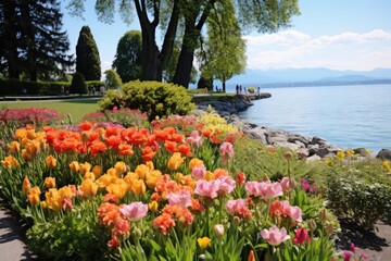 Mainau Island, Germany: A scene from the flower island in Lake Constance with a variety of blooming plants.
