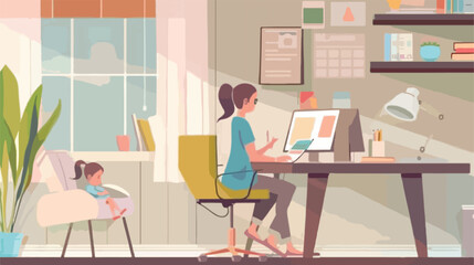 Home office concept. Woman working from home with kid