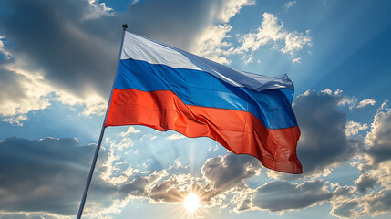 the flag of the Russian Federation flying against the background of the blue sky with white clouds and the sun symbolizing a bright future for the state