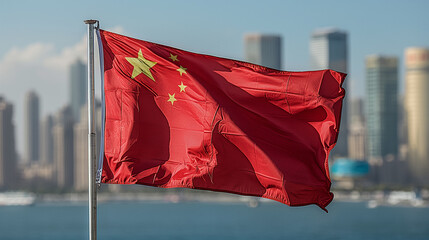 the flag of China flying proudly on the flagpole against the backdrop of a metropolis with skyscrapers, the country's economically successful development