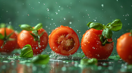 a beautiful background of falling red tomatoes together with water drops and some tomatoes cut in half, a beautiful background in pleasant light tones symbolizing the freshness, ripeness and purity