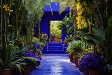 Majorelle Garden, Morocco: A scene from the vibrant blue gardens in Marrakech.