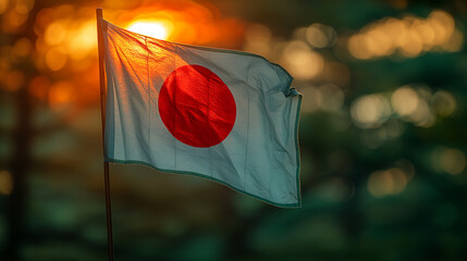 a Japanese flag on a flagpole in the forest, the sun shines through the leaves of the trees, giving a real Japanese atmosphere