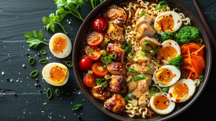 japanese ramen with chicken, green vegetables and eggs