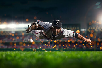 A baseball player is in mid-air, catching a ball. The image has a dynamic and energetic mood, capturing the excitement of the game