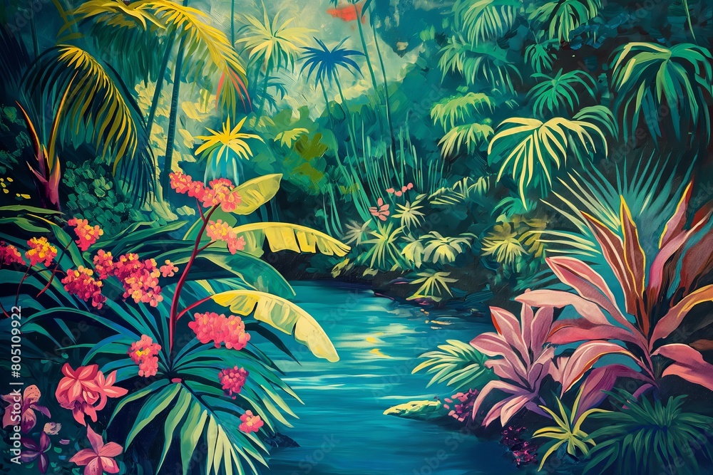 Poster essence of a tropical paradise with a vibrant and colorful scene