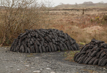 Piles of peat harvested for use in the bogs of Moycullen