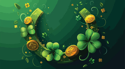 Horseshoe with coins and clover on color background.