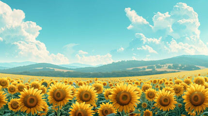 a fabulous field with sunflowers on the background of an incredibly light blue sky and white clouds, an association with a pleasant road adventure and vacation memories