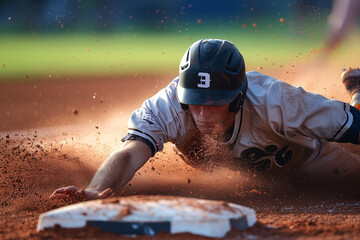 A baseball player sliding into a base. Concept of action and intensity, as the player is in the midst of a crucial moment in the game