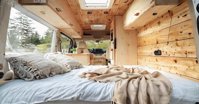 light cozy wooden interior camper van