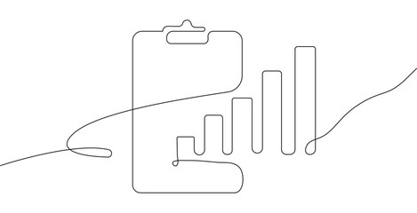 Clipboard with a continuous line drawing style, featuring a growth graph icon symbolizing business success and financial growth.