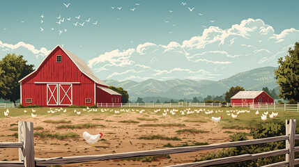 a barn near which many chickens graze behind a fence, a farm where chickens are bred and they live well there