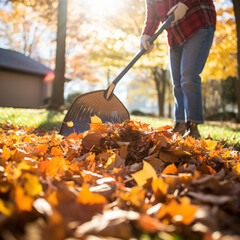 Person tidies up a garden on a sunny autumn day by raking a pile of colorful leaves