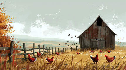 a barn near which many chickens graze behind a fence, a farm where chickens are bred and they live well there