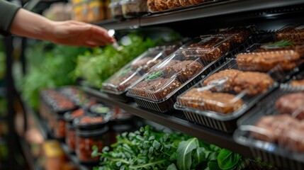 Shopper inspecting a quinoa veggie burger in a grocery store, showcasing choice of protein-rich alternatives, Concept of healthy lifestyle and meatless options