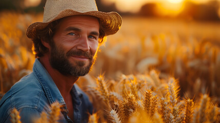 a middle-aged farmer with a beard in a straw hat and wearing a denim blue shirt is standing in a wheat field at sunset and is pleased and smiling sweetly