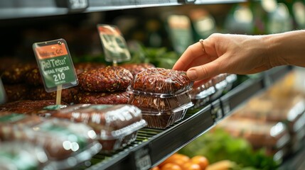 Naklejka premium Customer selecting vegan muffins at a grocery store, highlighting conscious dietary choices, Concept of health-conscious lifestyle and sustainable eating