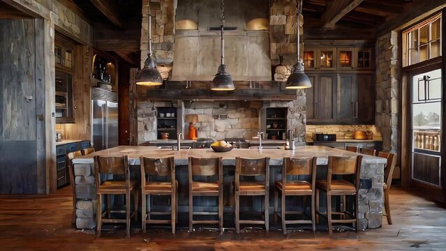 Luxurious rustic kitchen interior with large natural stone table and wooden benches