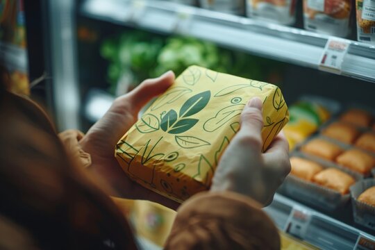 Close-up of a consumer choosing a product with sustainable packaging in a grocery store, concept of eco-friendly shopping habits