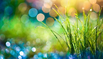 Grass in the foreground, bokeh in the background with friendly bright colors