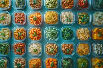 Diverse array of ready-to-eat meals neatly arranged, concept of meal planning and nutritional balance
