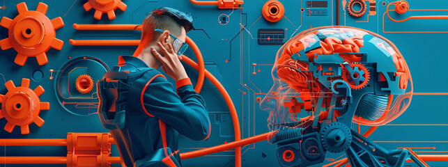 Engineer deep in thought, surrounded by floating gears and circuit diagrams, with a translucent brain overlay showing neural activity